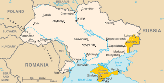 Carte de l'Ukraine (source Wikimedia). En jaune, territoires annexés par la Russie